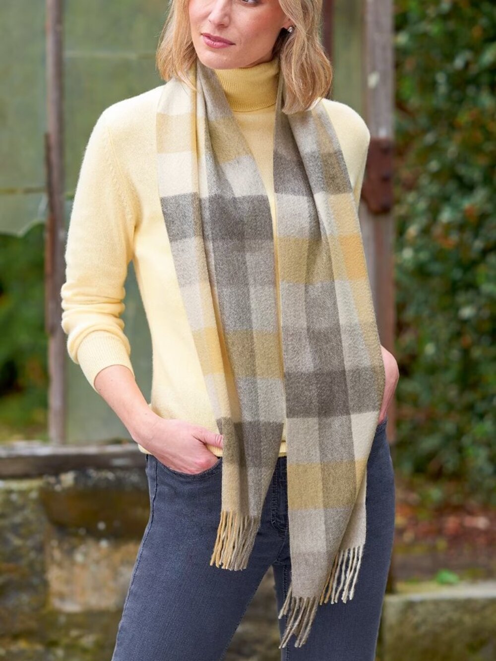 NWOT Cashmere Scarf Plaid Yellow Grey & Creme House of Bruar